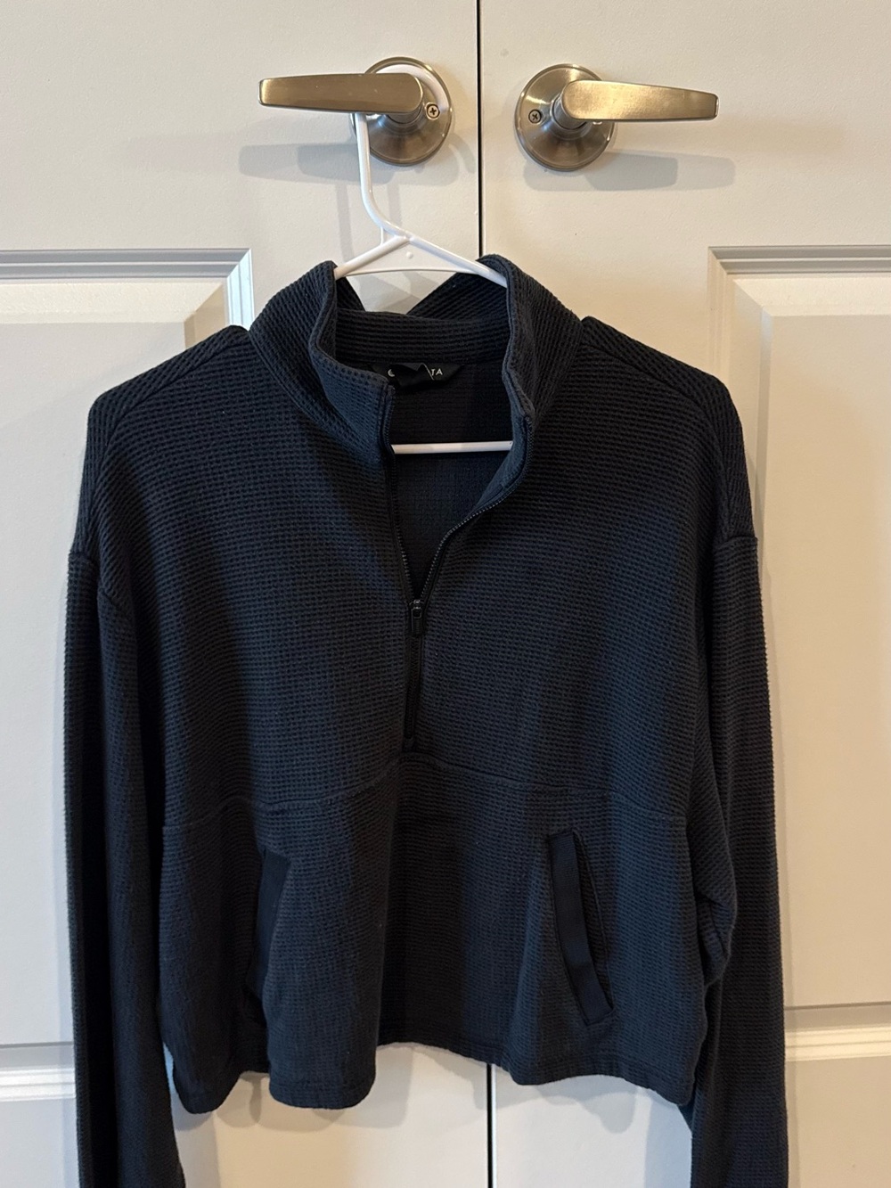 Athleta Black Waffle Knit Half-Zip Pullover